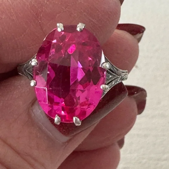 Art Deco 8 Carat Pink Sapphire Sterling Checkerboard Cut Ring - Picture 5 of 13